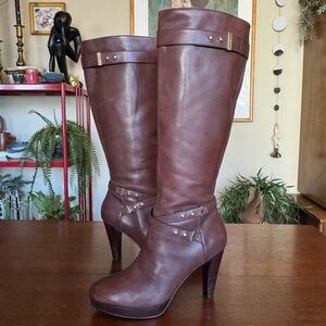 Cole Haan Knee High Boots Brown Leather Nike Air Tall Heeled Boots | Size 7